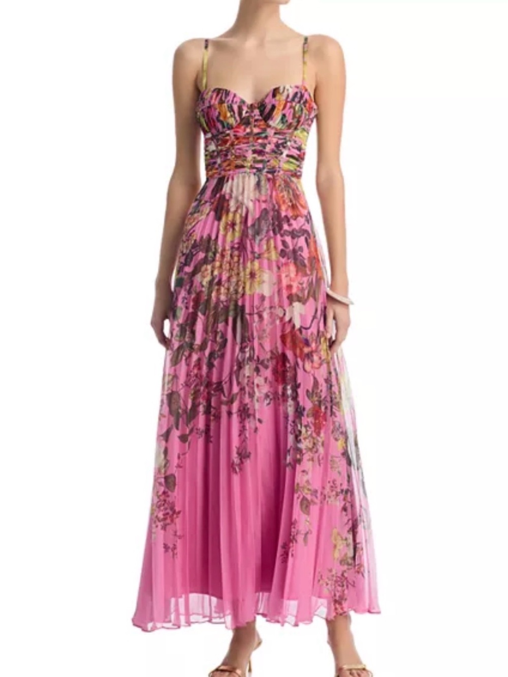 Aqua Pink Floral Ruched Bodice Maxi Dress